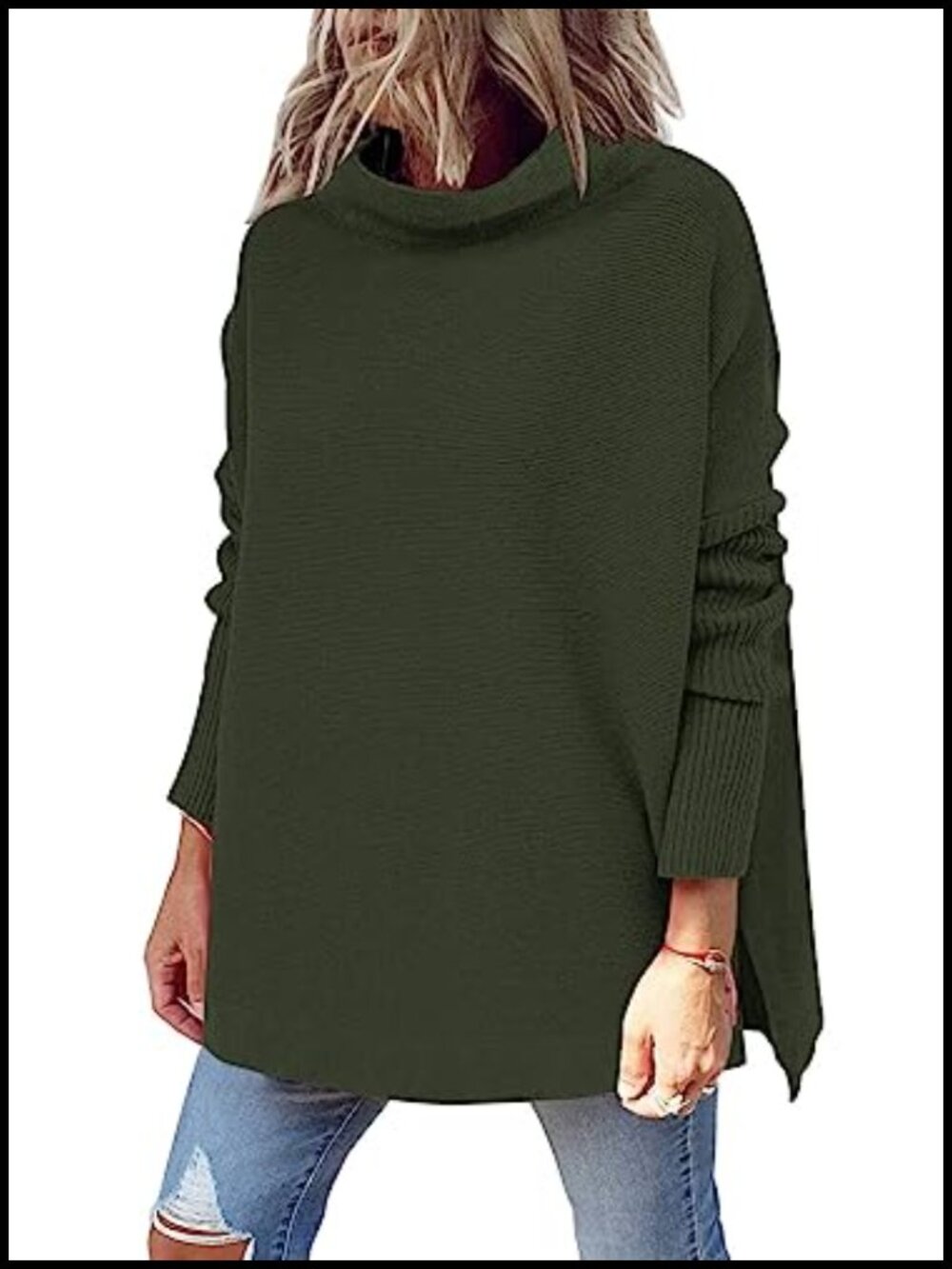 Women's Mock Turtleneck Oversized Tunic Sweater with Split Hem